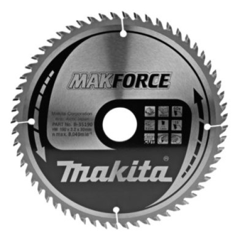 Пильный диск для дерева MAKFORCE,190x30/20/15.88x1.4x60T, Makita, B-35190