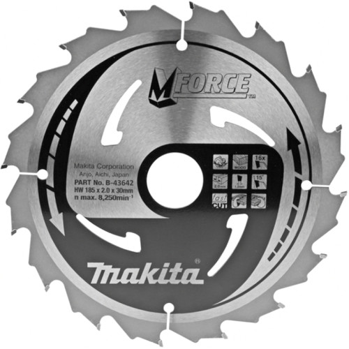 Диск пильный для дерева, HW, 185х2.0х30 мм, 16T, 15G, M-Force Makita B-43642