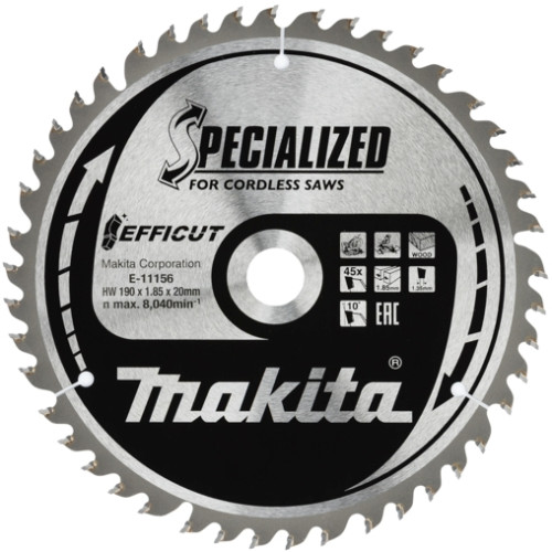 Пильный диск для дерева, 190x20x1.35, 45T, 10G, EFFICUT Makita E-11156