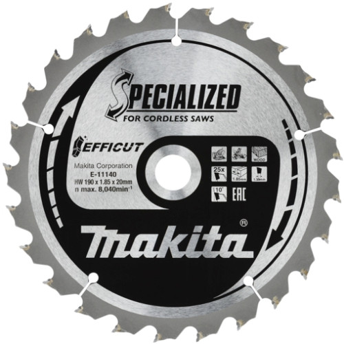 Пильный диск для дерева, 190x20x1.35, 25T, 10G, EFFICUT Makita E-11140