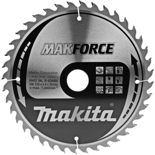 Диск пильный для дерева Makforce, 210x2.4x30 мм, 40T, 15G, ATAF Makita B-43686