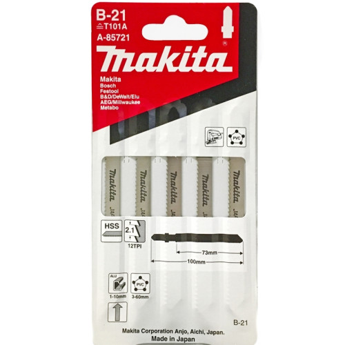 Лобзиковая пилка для алюминия и пластика, 73 мм, HSS, 12TPI, T101A, В-21, 5 шт Makita A-85721