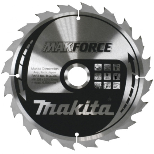 Диск пильный для дерева, Makforce, HW, 235x2.3x30 мм, 20T, 15G, ATAF Makita B-43701