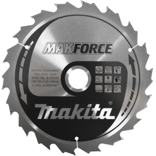 Диск пильный для дерева Makforce, HW, 235x2.6x30 мм, 18T, 15G, ATAF Makita B-43692