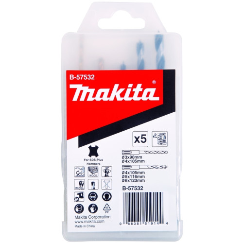 Набор сверл по дереву и металу HSS-TIN, хвостовик SDS-Plus, 5 шт Makita B-57532