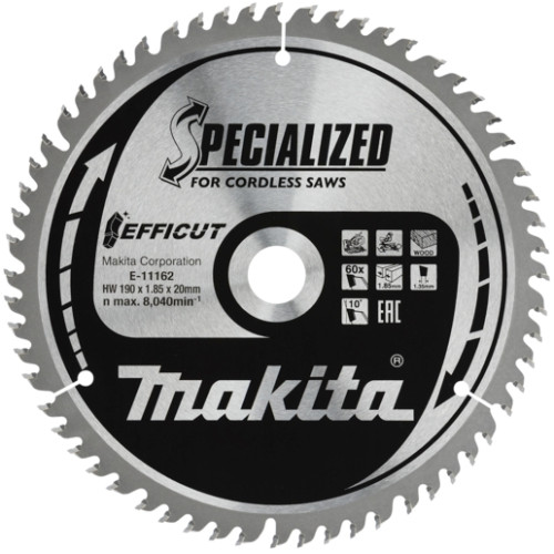 Пильный диск для дерева, 190x30/20x1.4, 60T, 10G, EFFICUT Makita E-11162