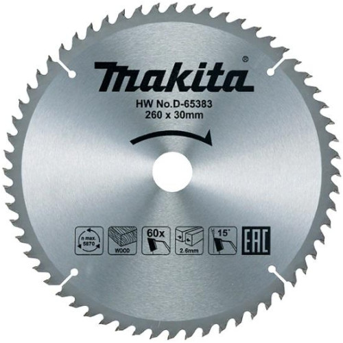 Диск пильный по дереву, 260x2.6x30 мм, 60T, 15G, Standart Makita D-65383